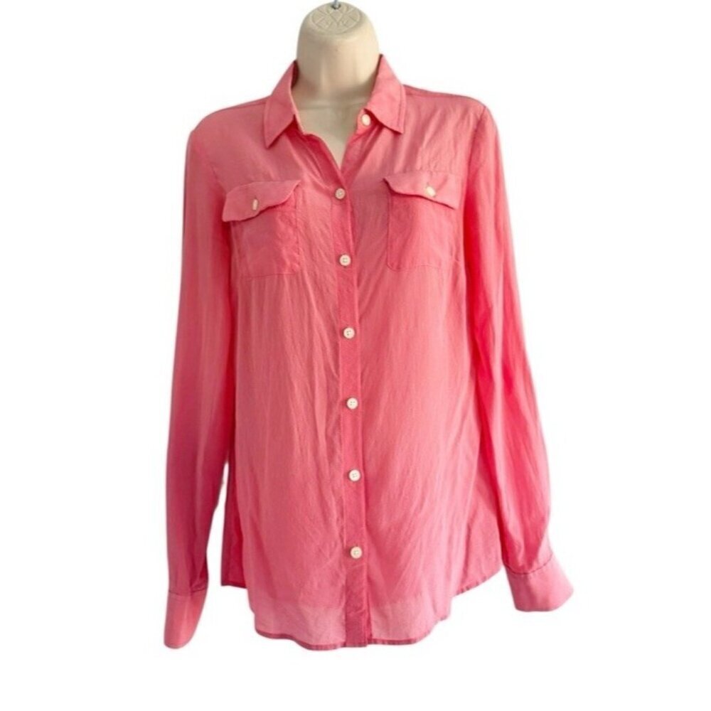Banana Republic Woman’s Size 4 Salmon 100% Silk V-Neck Button Up Shirt Blouse